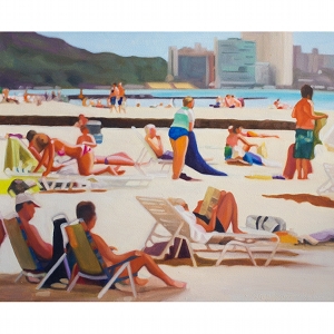 image: oil on masonite painting by artist Katrie Bonanno of beach goers in Hawaii