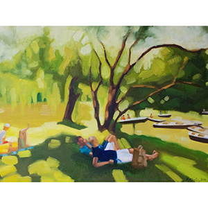 image: oil on canvas painting by artist Katrie Bonanno of people relaxing watching boaters in central park boathouse in New York City