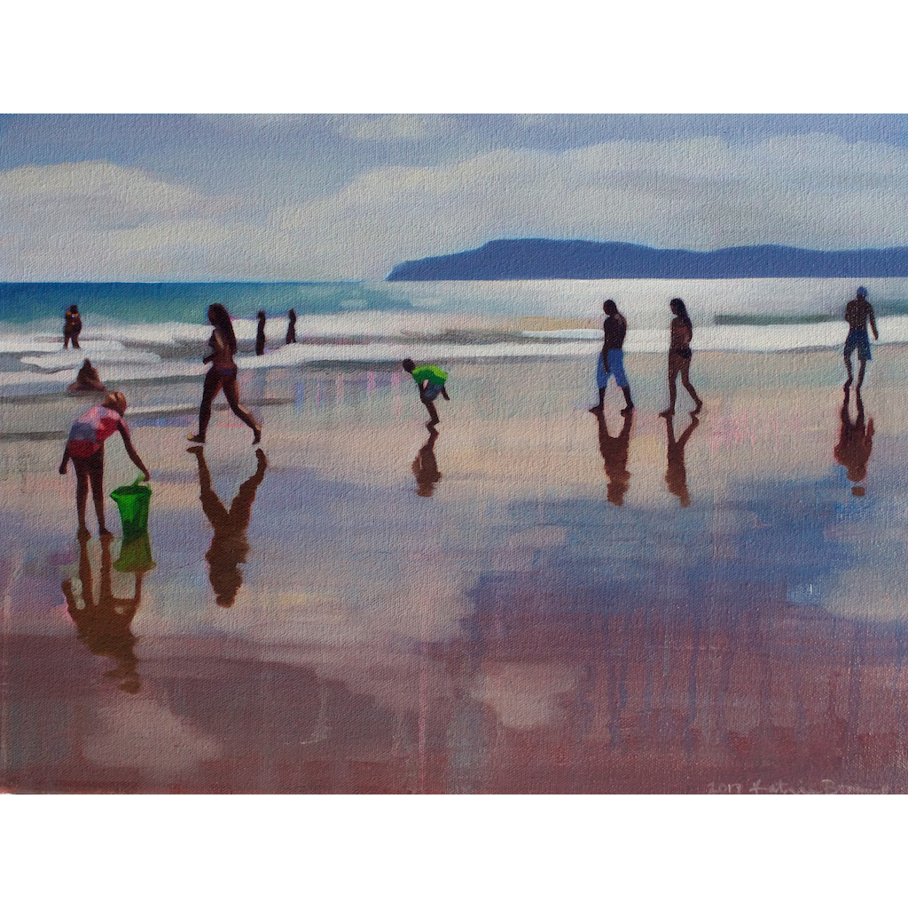 photo: oil on canvas painting by artist Katrie Bonanno of beach scene just before dark Just before dark we become shadows and reflections
