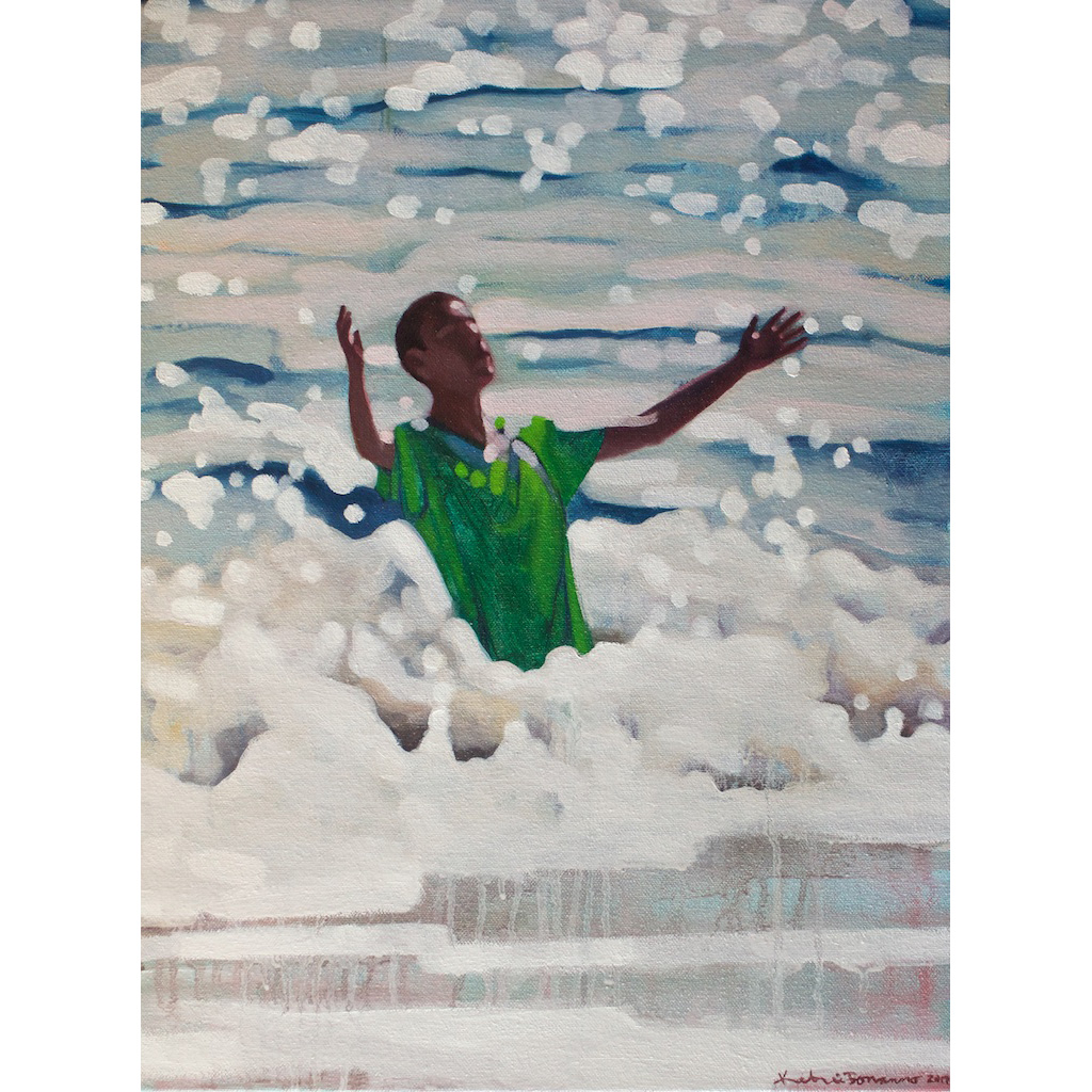 photo: oil on canvas painting by artist Katrie Bonanno of swimmer falling into the wave Letting go