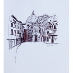 image: pen on paper drawing of the Duomo in Florence, Italy by artist Katrie Bonanno.
