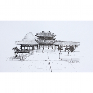 image: pen on paper drawing of Gyeonbokgung Palace in Seoul, South Korea by artist Katrie Bonanno.